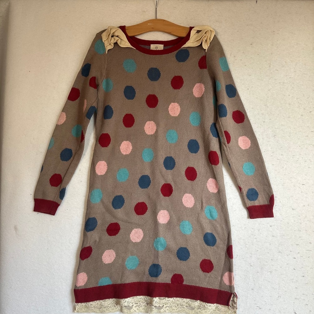 Hanna Andersson Girls Sweater Dress Size 10 140 Polka Dot Cotton Lace Trim Brown